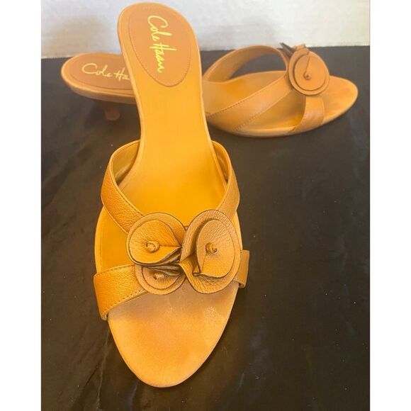 Cole Haan Nike Air Cognac Brown Smooth Leather Kitten Heel Mules Women’s SZ 10B - Picture 8 of 11